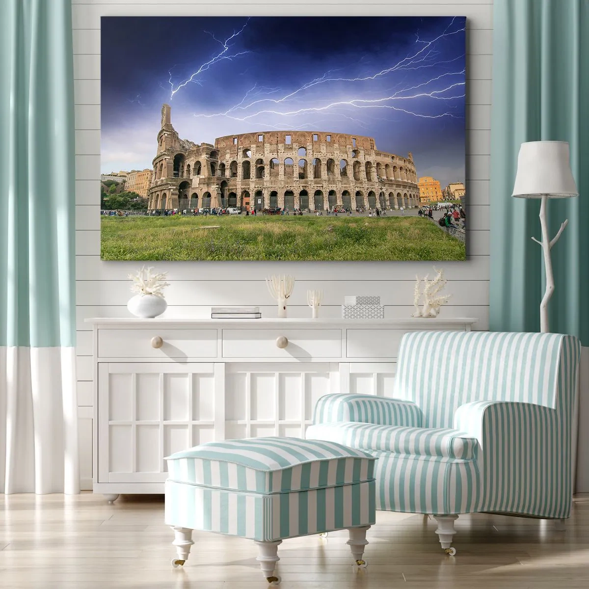 Lærredstryk - Billede på lærred - Colosseum i Rom oplyst af lyn - 70x50cm - Kamparena - Moderne vægdekoration til stue og soveværelse ARTTOR