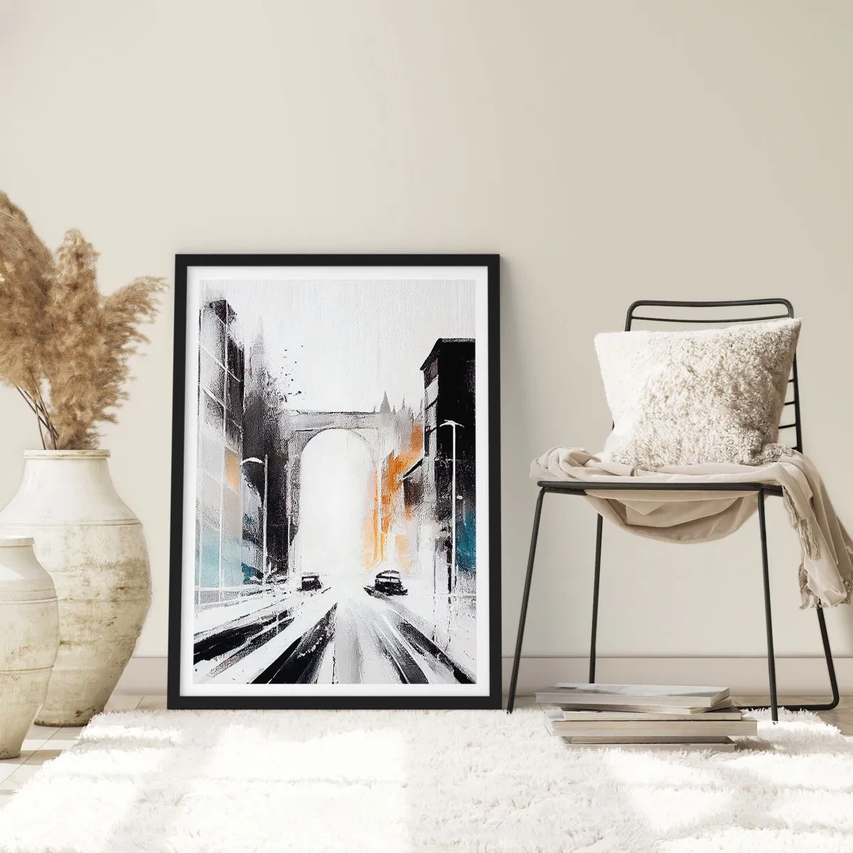 Plakat i sort ramme - Abstrakt bypanorama med en monumental bue - 50x70cm - Bystudie: arkitektur og bevægelse - Moderne vægdekoration til stue og soveværelse ARTTOR