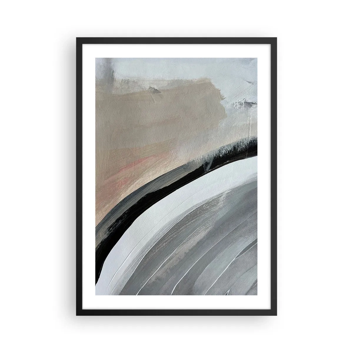 Plakat i sort ramme - Abstrakt komposition med linjer i nuancer af grå og beige. - 50x70cm - Komposition: en bue af sort og gråt - Moderne vægdekoration til stue og soveværelse ARTTOR