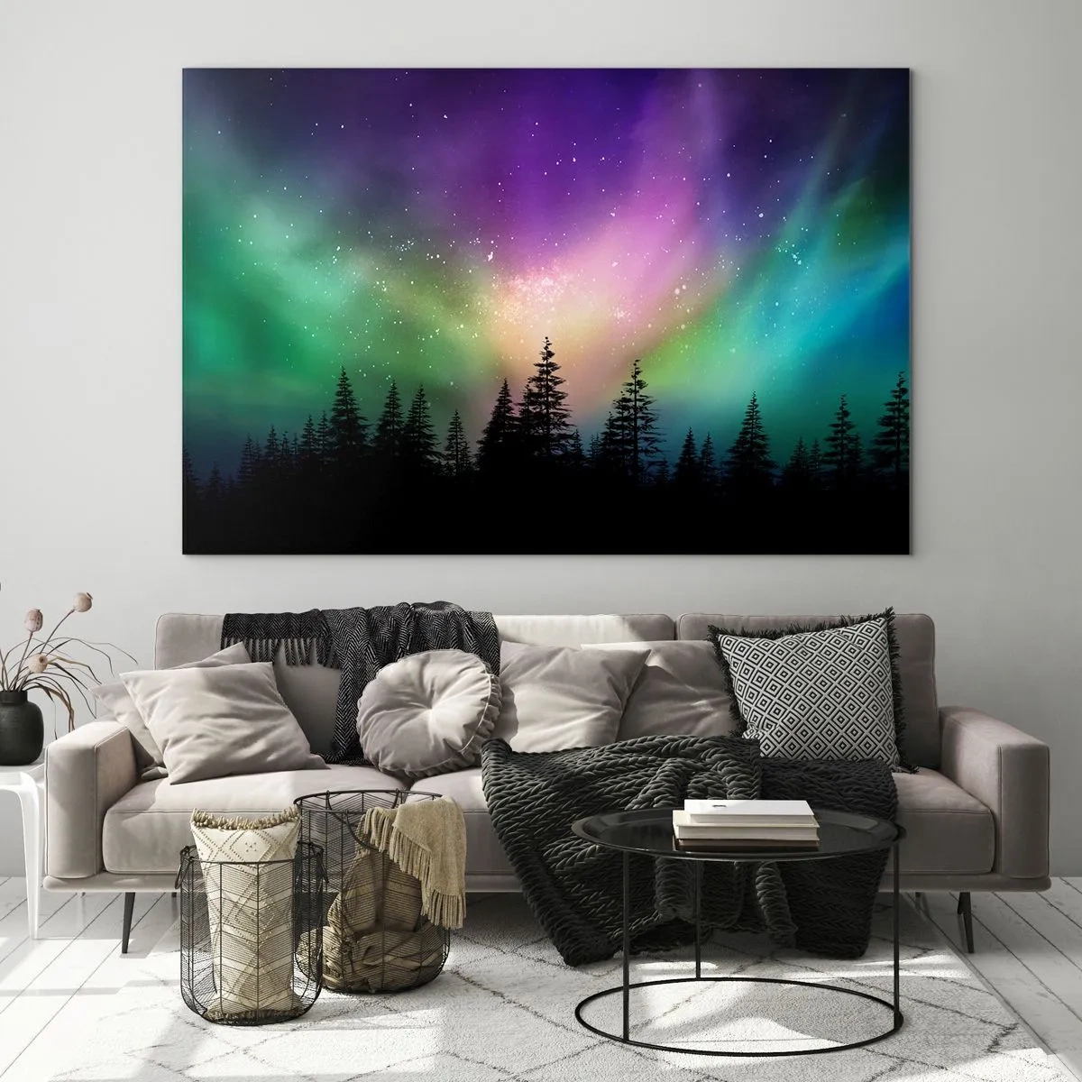 Billede på glas - Skov om natten under det farverige nordlys - 70x50cm - Hvid magi - Moderne vægdekoration til stue og soveværelse ARTTOR