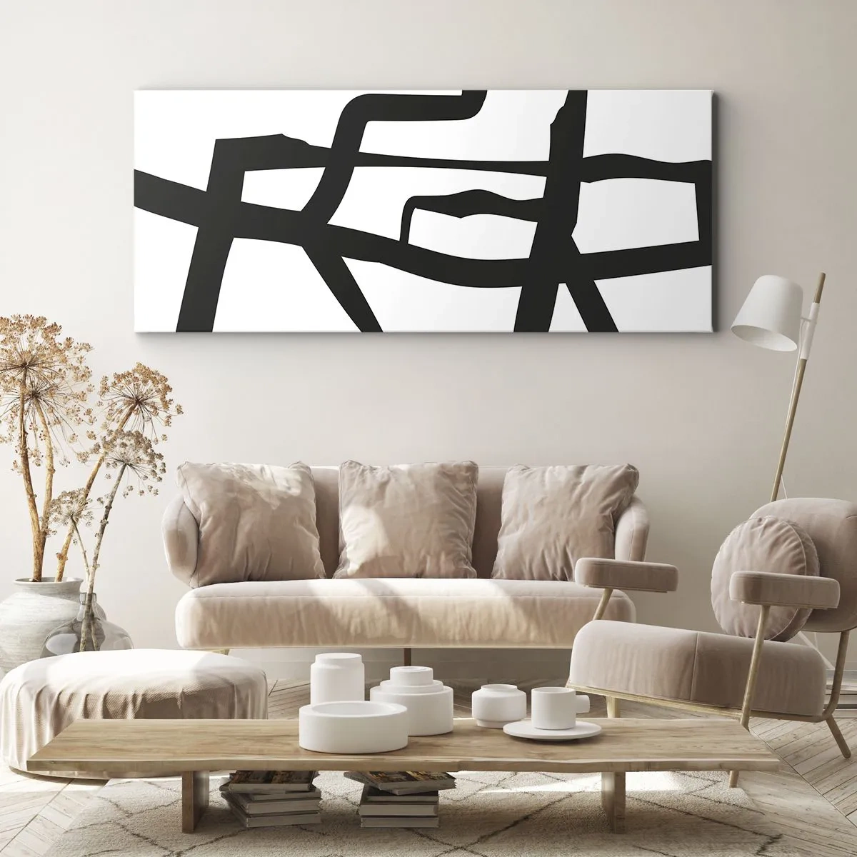 Lærredstryk - Billede på lærred - Sort og hvid konstruktion - 100x40 cm