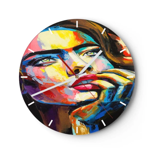 Vægur, Uret - Farverigt portræt af en kvinde i abstrakt stil - 30x30cm - Drømme som fugle svæver gennem himlen - Moderne vægdekoration til stue, køkken og soveværelse ARTTOR