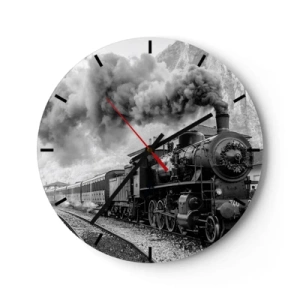 Vægur, Uret - Et sort-hvidt damplokomotiv med en rygende skorsten - 30x30cm - Står på stationen... - Moderne vægdekoration til stue, køkken og soveværelse ARTTOR