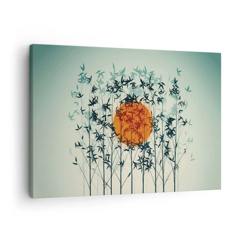 Lærredstryk - Billede på lærred - Orange sol blandt bambusgrene - 70x50cm - Japansk sol - Moderne vægdekoration til stue og soveværelse ARTTOR