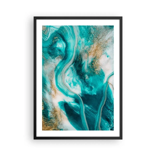Plakat i sort ramme - En abstrakt komposition i nuancer af turkis og guld. - 50x70cm - Flod af guld - Moderne vægdekoration til stue og soveværelse ARTTOR