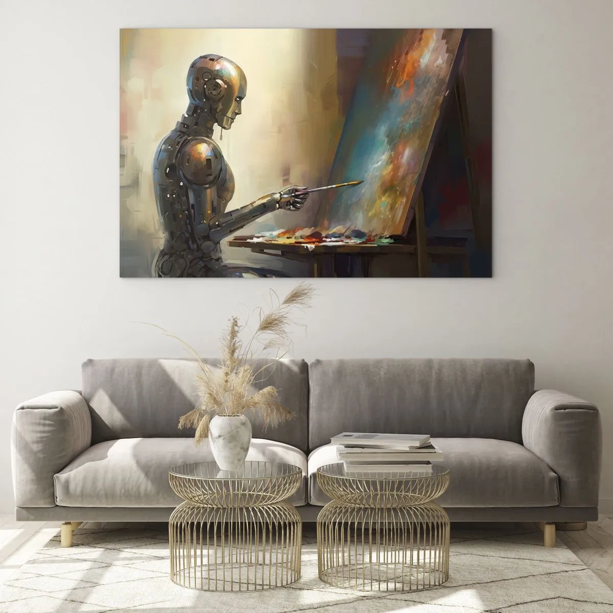 Billede på glas - En robot, der maler et billede ved et staffeli - 70x50cm - Fremtidens kunst - Moderne vægdekoration til stue og soveværelse ARTTOR