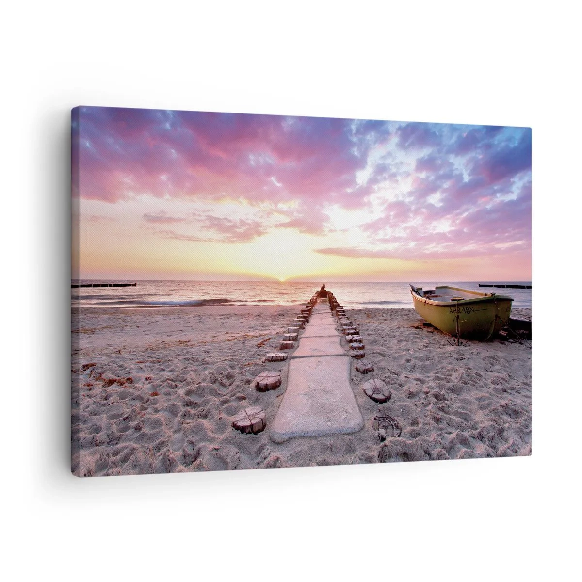 Lærredstryk - Billede på lærred - Solopgangsstrand med båd og mole - 70x50cm - Et øjeblik med en dybtgående oplevelse - Moderne vægdekoration til stue og soveværelse ARTTOR
