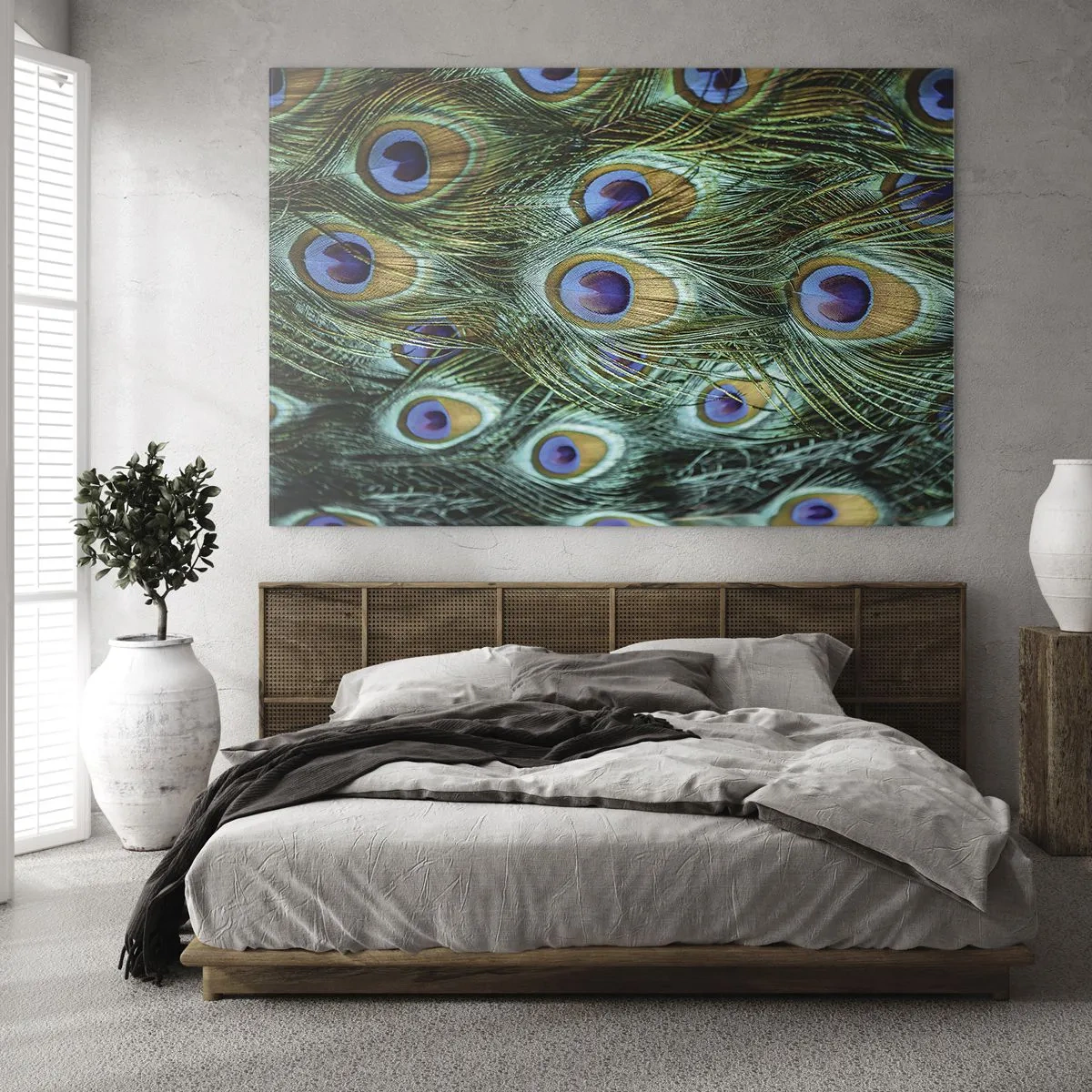 Billede på glas - Detalje af påfuglefjer med tydelige øjne - 70x50cm - En påfugls blik - Moderne vægdekoration til stue og soveværelse ARTTOR