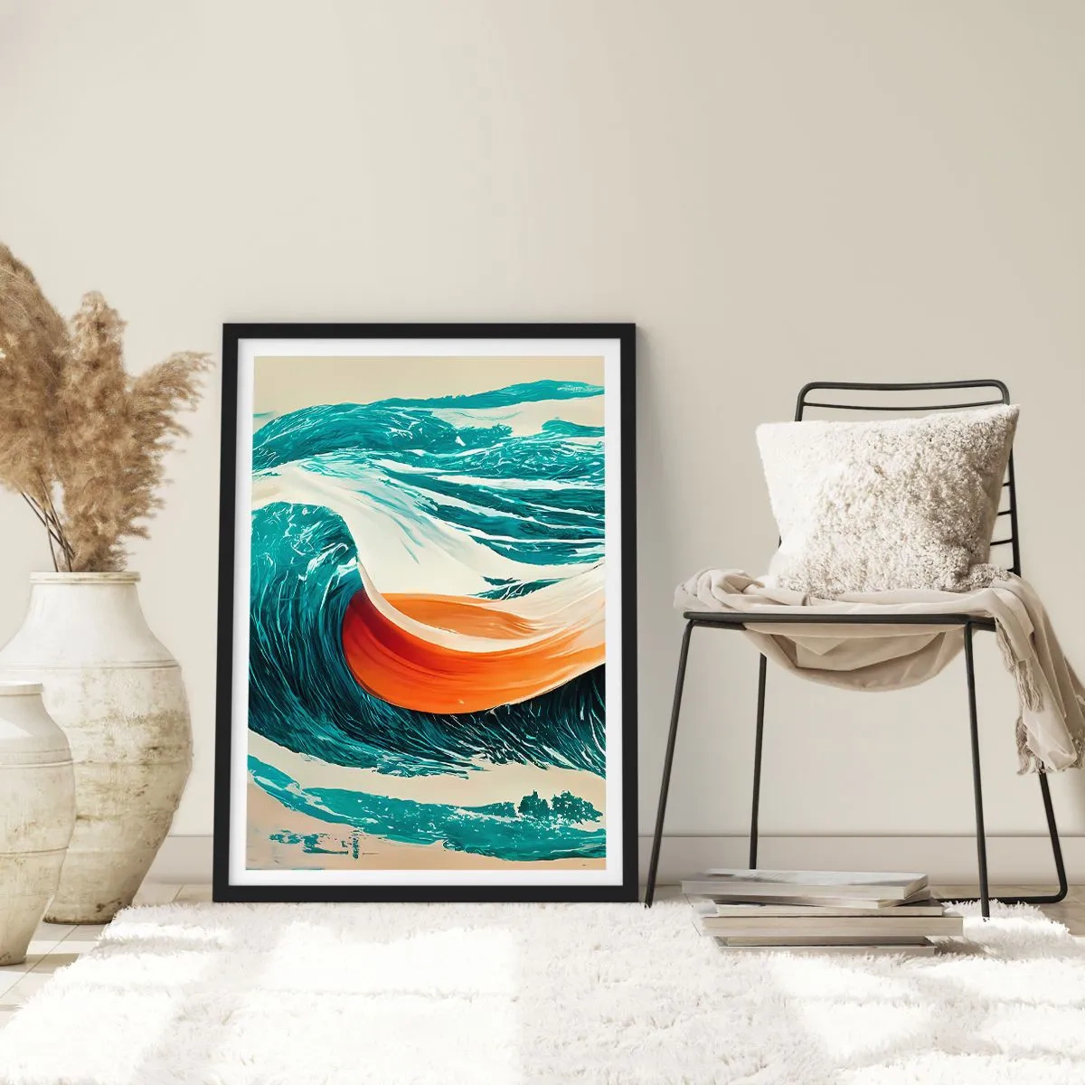 Plakat i sort ramme - En dynamisk bølge i abstrakte farver - 50x70cm - Surferens drøm - Moderne vægdekoration til stue og soveværelse ARTTOR
