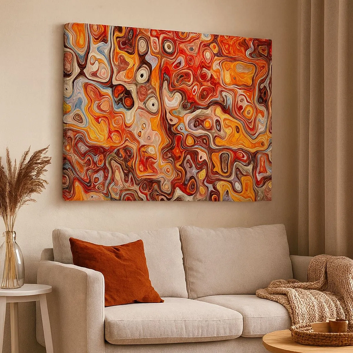 Lærredstryk - Billede på lærred - En abstrakt komposition i varme nuancer af rød, orange og gul. - 70x50cm - Hvis nødderne var smeltet i honningen - Moderne vægdekoration til stue og soveværelse ARTTOR