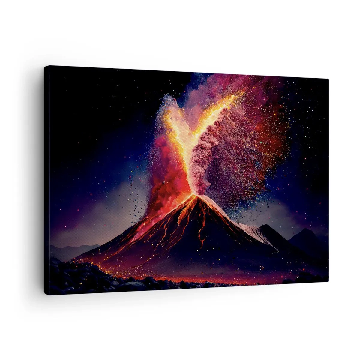 Lærredstryk - Billede på lærred - Et unikt vulkanudbrud om natten med dynamiske farver. - 70x50cm - Skønhed og rædsel - Moderne vægdekoration til stue og soveværelse ARTTOR