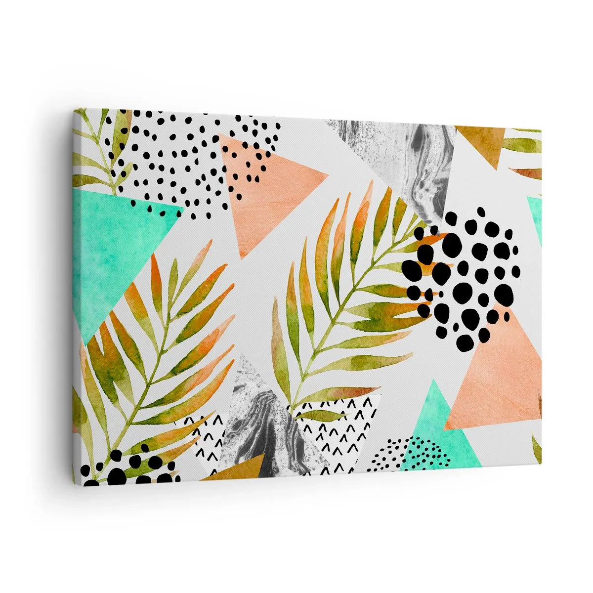 Lærredstryk - Billede på lærred - Tropisk mønster med blade og geometriske former - 70x50cm - Dekoration med palmeblade - Moderne vægdekoration til stue og soveværelse ARTTOR