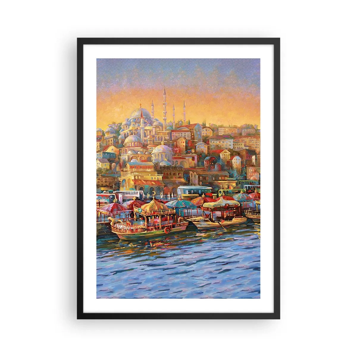 Plakat i sort ramme - Et farverigt bybillede med moskeer ved vandet - 50x70cm - En historie fra Istanbul - Moderne vægdekoration til stue og soveværelse ARTTOR