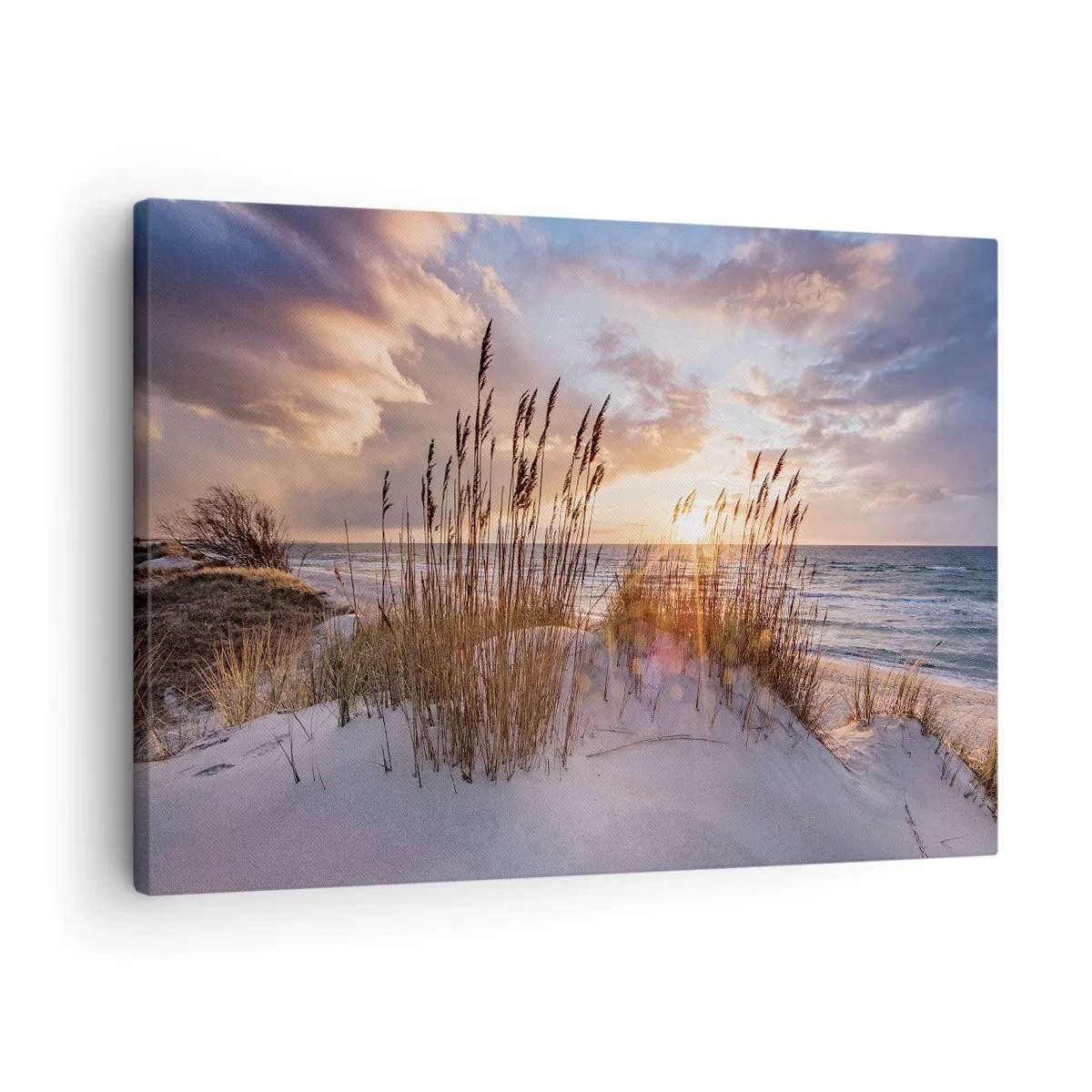 Lærredstryk - Billede på lærred - Klitter med græs mod baggrunden af den nedgående sol - 70x50cm - Farvel til sol og vind - Moderne vægdekoration til stue og soveværelse ARTTOR