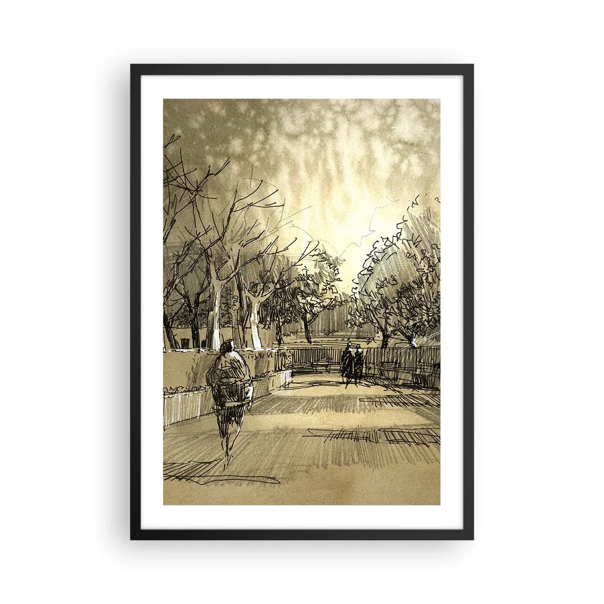Plakat i sort ramme - Sepia-tonet parkillustration i skitsestil - 50x70cm - Et øjeblik med fjer - Moderne vægdekoration til stue og soveværelse ARTTOR
