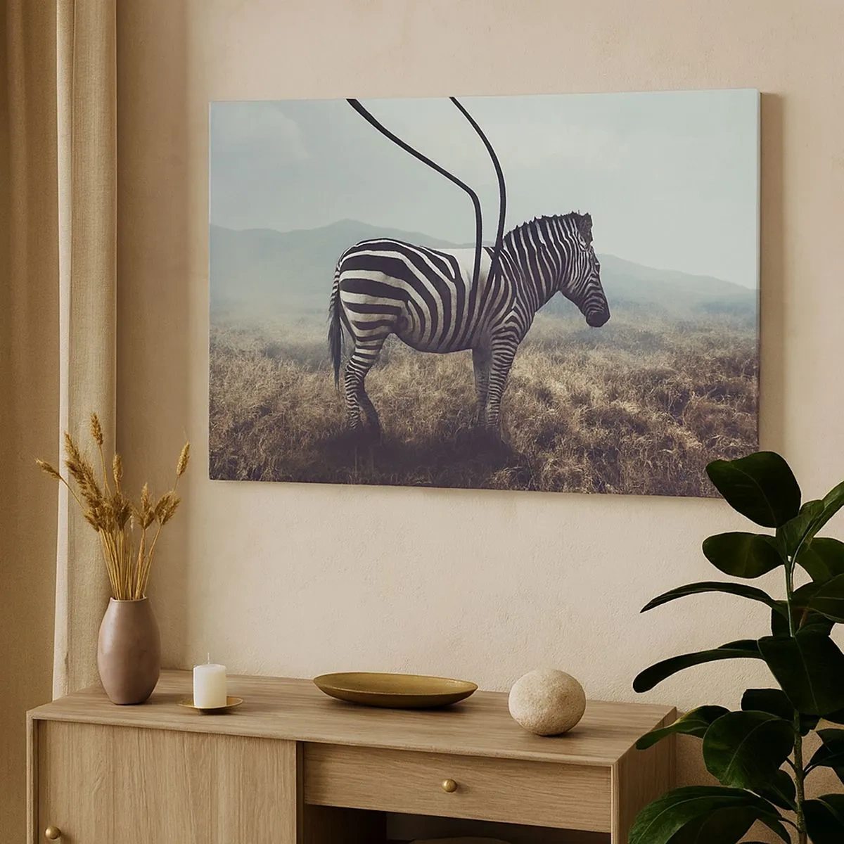 Lærredstryk - Billede på lærred - En surrealistisk zebra mod et græsklædt landskab - 70x50cm - OBS! Fejl - Moderne vægdekoration til stue og soveværelse ARTTOR