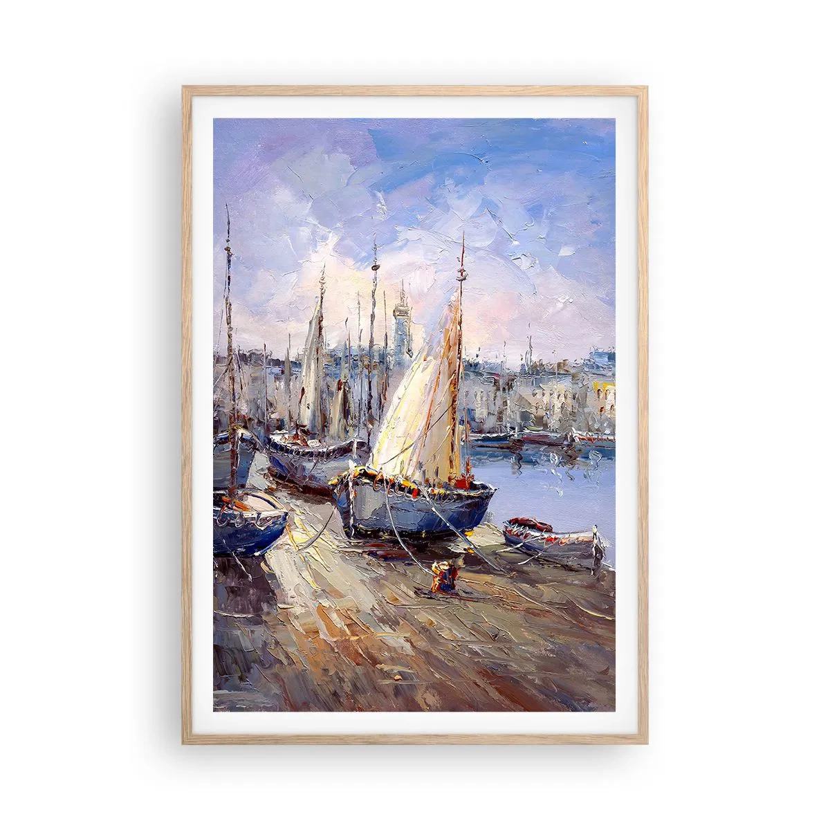 Plakat i ramme af lyst egetræ - By ved bugten - 70x100 cm