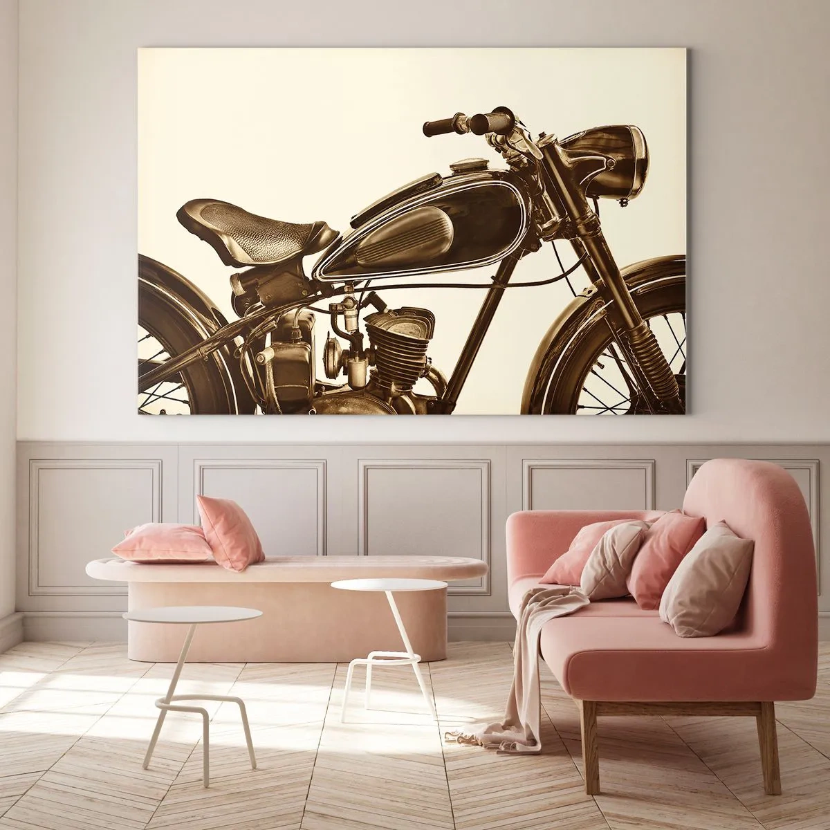 Billede på glas - Stilfuld retro motorcykel i sepia-toner på en lys baggrund - 70x50cm - Længsel efter klassikerne - Moderne vægdekoration til stue og soveværelse ARTTOR