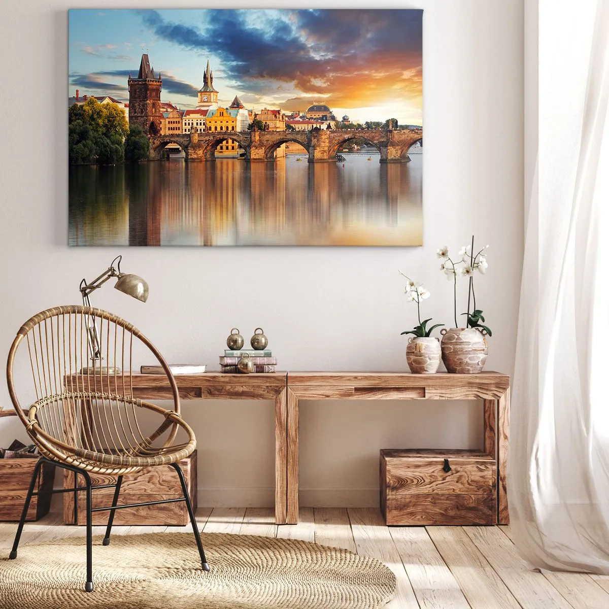 Lærredstryk - Billede på lærred - Den historiske bro over floden i lyset af den nedgående sol - 70x50cm - Smukt for evigt - Moderne vægdekoration til stue og soveværelse ARTTOR