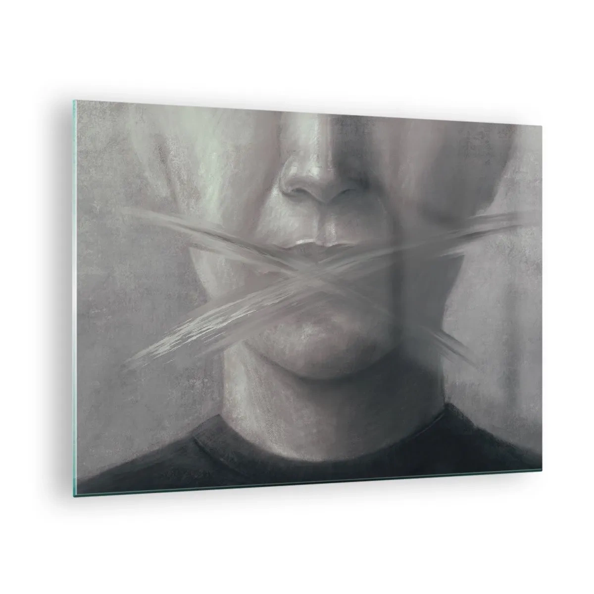 Billede på glas - Portræt af en person med udtværede læber i grå nuancer - 70x50cm - Ikke et ord - Moderne vægdekoration til stue og soveværelse ARTTOR