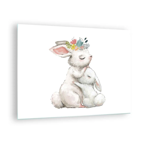 Billede på glas - To nuttede kaniner i pastelfarver - 70x50cm - Der er intet sted som hos mor - Moderne vægdekoration til stue og soveværelse ARTTOR