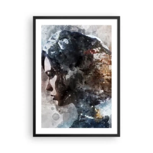 Plakat i sort ramme - Silhuet af en kvinde med et akvarellandskab i baggrunden - 50x70cm - Historien om en pige med en by i baggrunden - Moderne vægdekoration til stue og soveværelse ARTTOR
