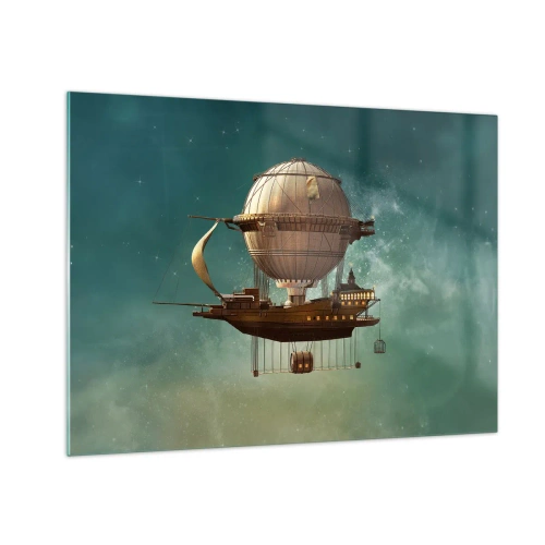 Billede på glas - Et flyvende luftskib med et hus i retrostil på himlen - 70x50cm - Jules Verne hilser - Moderne vægdekoration til stue og soveværelse ARTTOR
