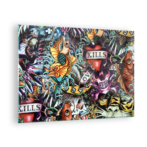 Billede på glas - En farverig komposition af mønstre inspireret af tatoveringskunst - 70x50cm - En tatovørers drøm - Moderne vægdekoration til stue og soveværelse ARTTOR