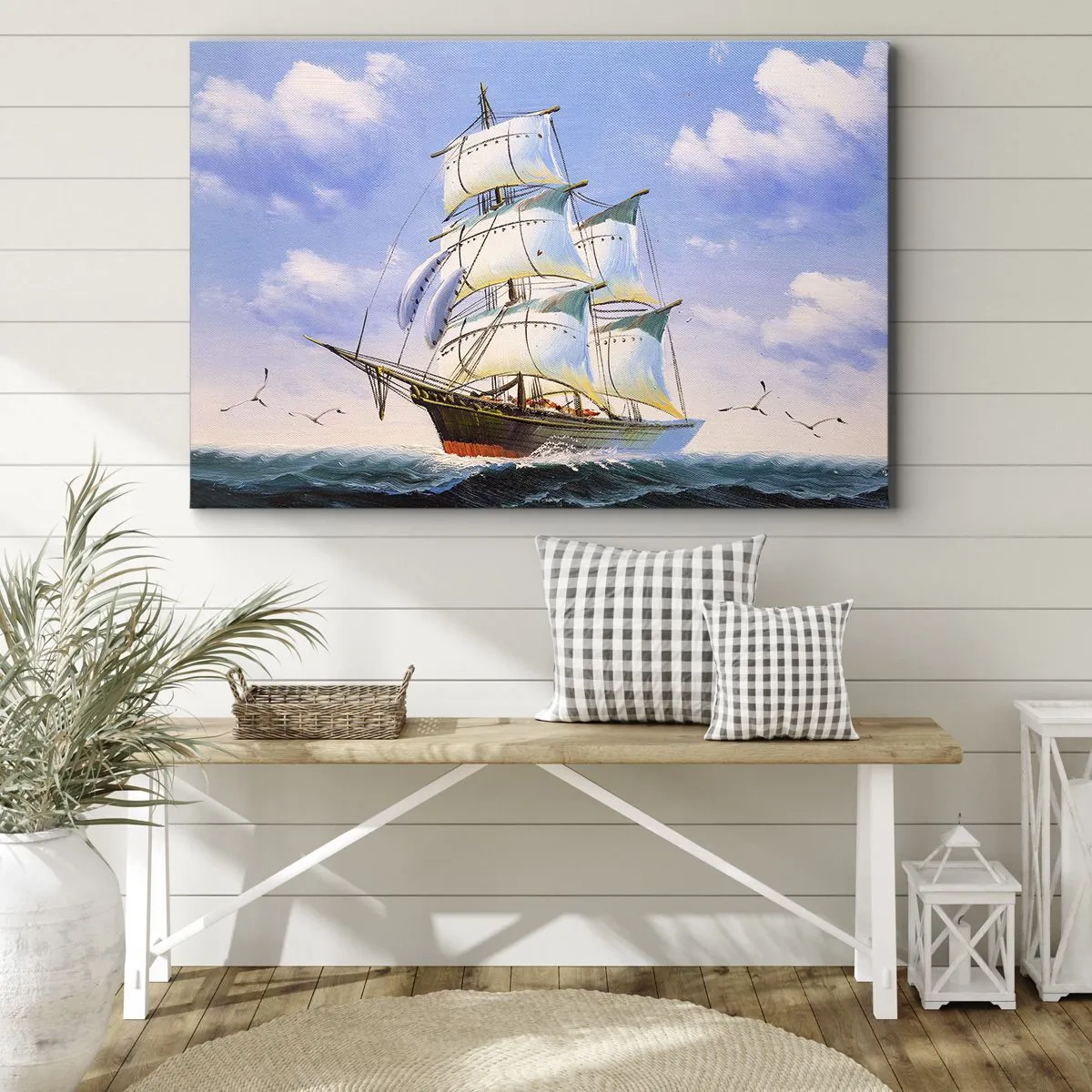 Lærredstryk - Billede på lærred - Et sejlskib på åbent hav under en blå himmel - 70x50cm - Stolt med vinden - Moderne vægdekoration til stue og soveværelse ARTTOR