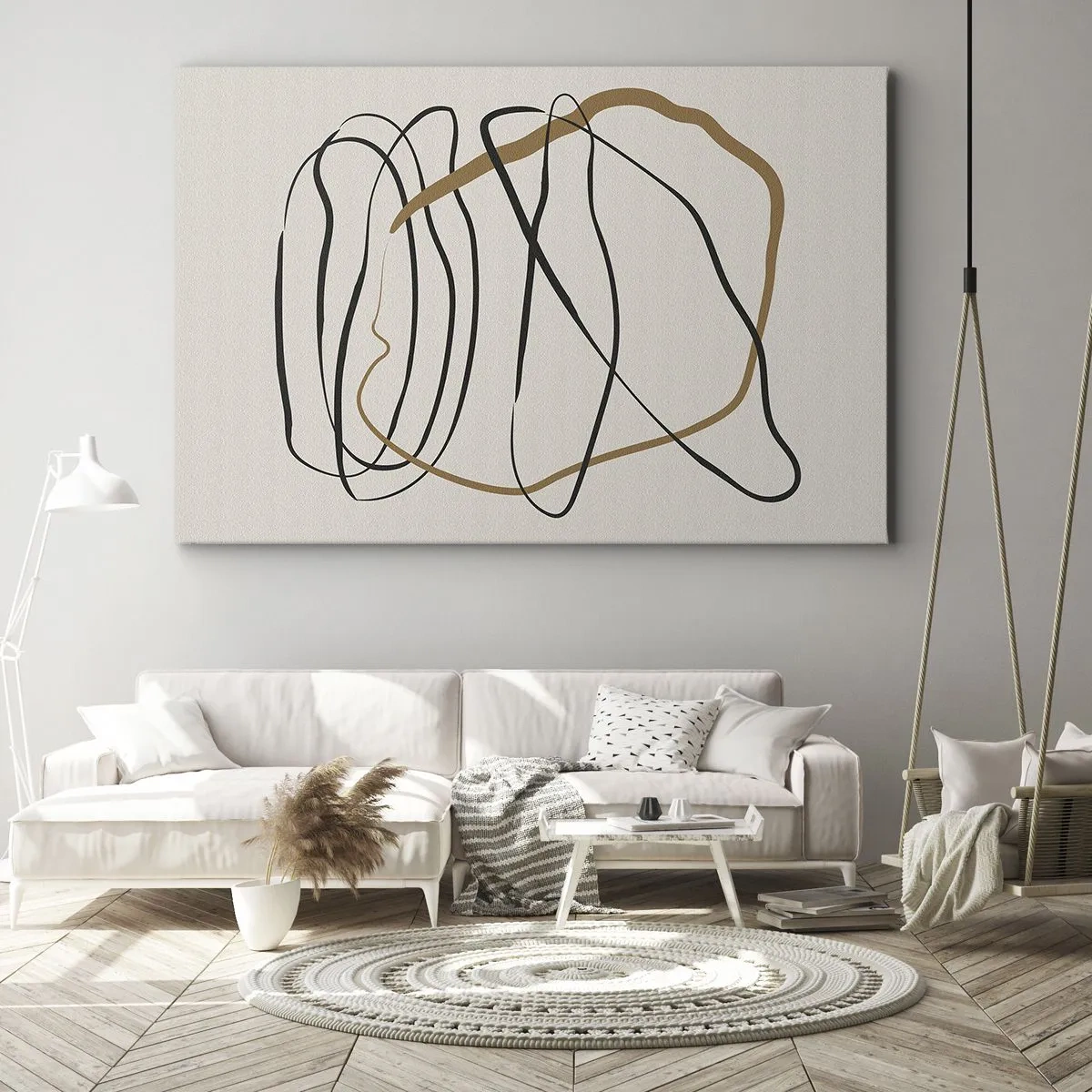 Lærredstryk - Billede på lærred - Kunstneriske linjer i sort og guld på en lys baggrund - 70x50cm - Komposition - dans i besiddelse - Moderne vægdekoration til stue og soveværelse ARTTOR