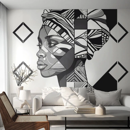 Fototapet Standard Eco - Stiliseret portræt af en kvinde i geometriske sort-hvide mønstre - 100x70cm - Etnisk portræt - Moderne vægdekoration til stue og soveværelse ARTTOR