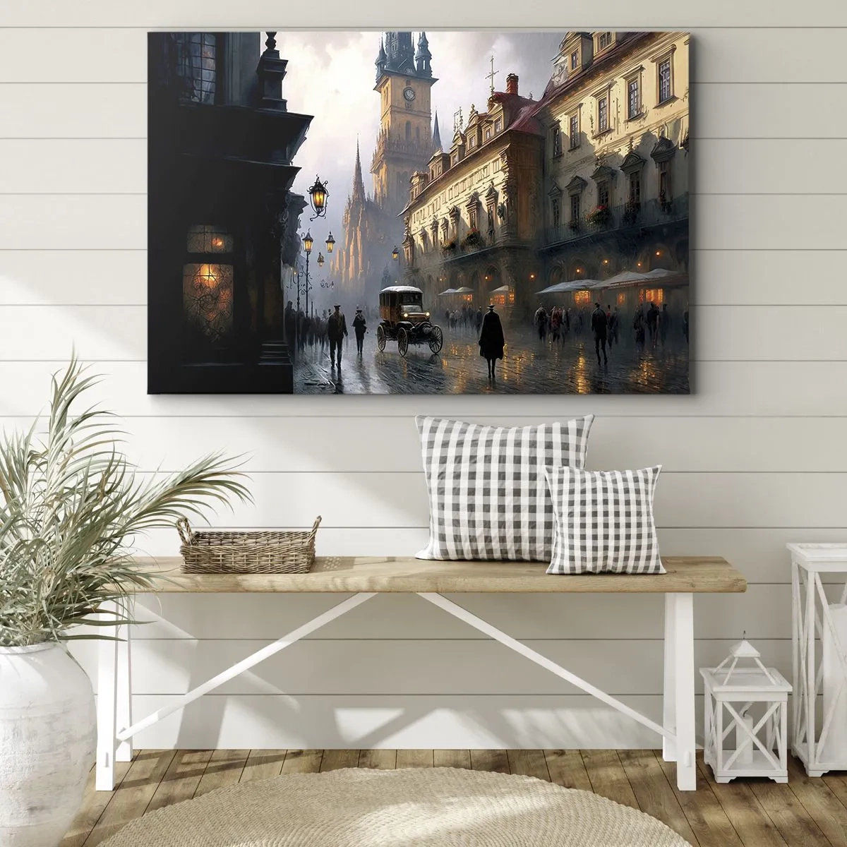 Lærredstryk - Billede på lærred - Aftengadescene med historisk arkitektur - 70x50cm - Magien i en aften i Prag - Moderne vægdekoration til stue og soveværelse ARTTOR