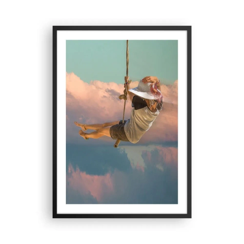 Plakat i sort ramme - En kvinde på en gynge blandt pastelfarvede skyer - 50x70cm - Sjov i skyerne - Moderne vægdekoration til stue og soveværelse ARTTOR