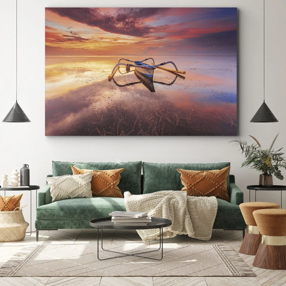 Lærredstryk - Billede på lærred - En båd på roligt vand ved solnedgang - 70x50cm - Roen ved en tropisk aften - Moderne vægdekoration til stue og soveværelse ARTTOR