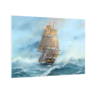 Billede på glas - Et sejlskib på et stormfuldt hav i malerisk stil - 70x50cm - Bølgende gennem bølgerne - Moderne vægdekoration til stue og soveværelse ARTTOR