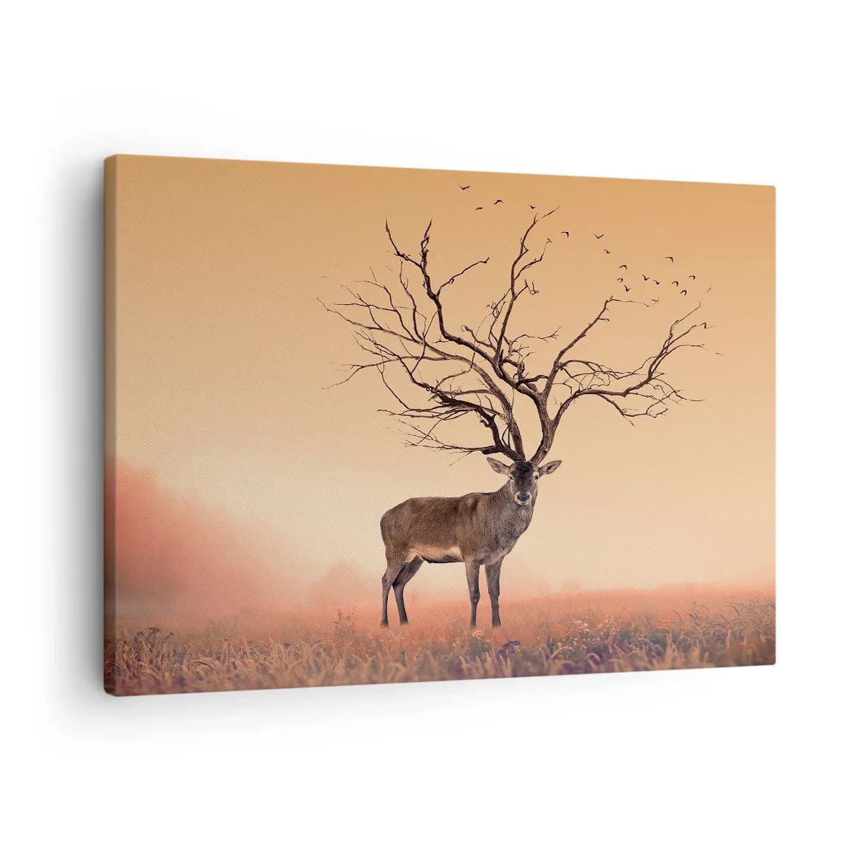Lærredstryk - Billede på lærred - En flot hjortegrafik med grene i stedet for gevirer - 70x50cm - Urhjort - skovens evige ånd - Moderne vægdekoration til stue og soveværelse ARTTOR