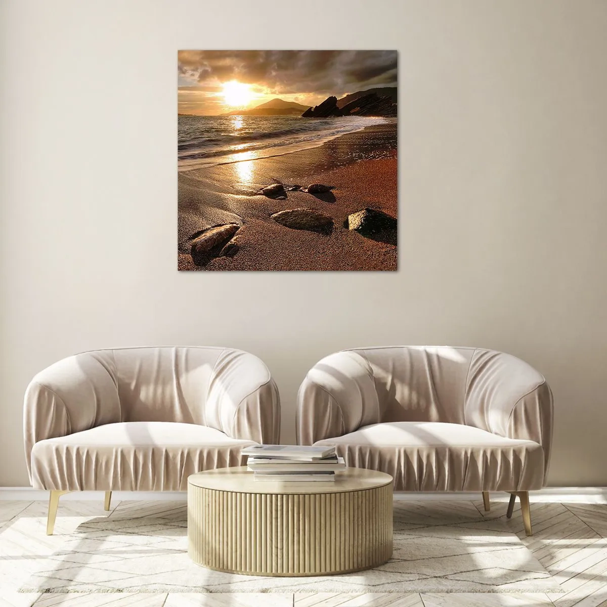 Billede på glas - Følg solen til bjergene - 70x70 cm