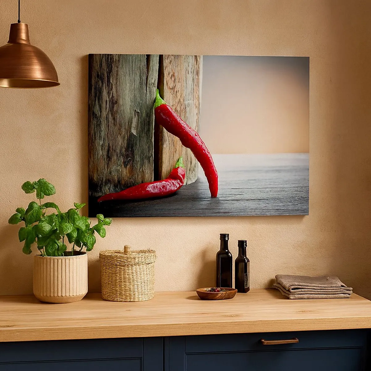 Lærredstryk - Billede på lærred - To røde chilipeber på en træbaggrund med en rustik accent - 70x50cm - Red hot chili peppers - Moderne vægdekoration til stue og soveværelse ARTTOR