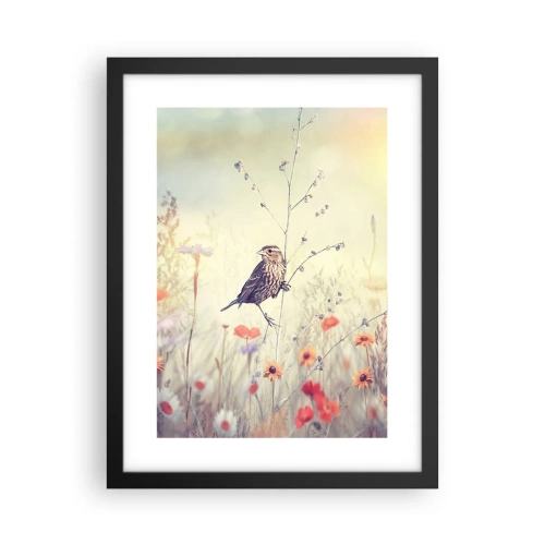 Plakat i sort ramme - Fugleportræt med en eng i baggrunden - 30x40 cm