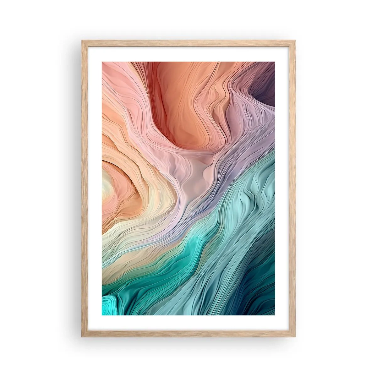 Plakat i ramme af lyst egetræ - Regnbuebølge - 50x70 cm