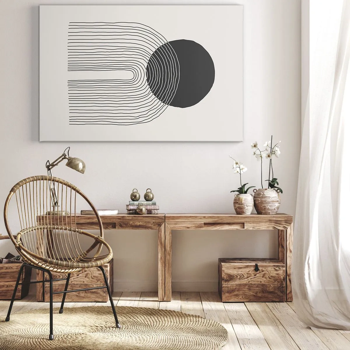 Lærredstryk - Billede på lærred - Abstrakt mønster med linjer og en sort cirkel på en lys baggrund - 70x50cm - Rystende og selvsikker - Moderne vægdekoration til stue og soveværelse ARTTOR