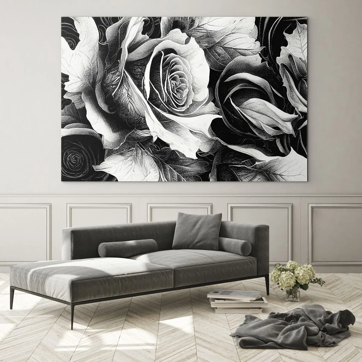 Billede på glas - Sort-hvid rosenblomsterarrangement med detaljer - 70x50cm - Altid dronning - Moderne vægdekoration til stue og soveværelse ARTTOR