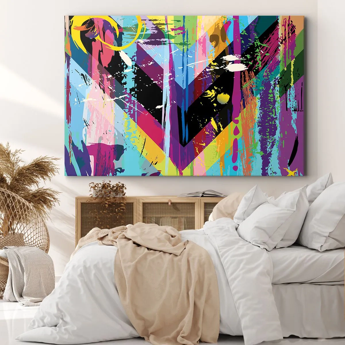 Lærredstryk - Billede på lærred - Abstrakt mønster med farverige geometriske former - 70x50cm - Fra top til bund - Moderne vægdekoration til stue og soveværelse ARTTOR