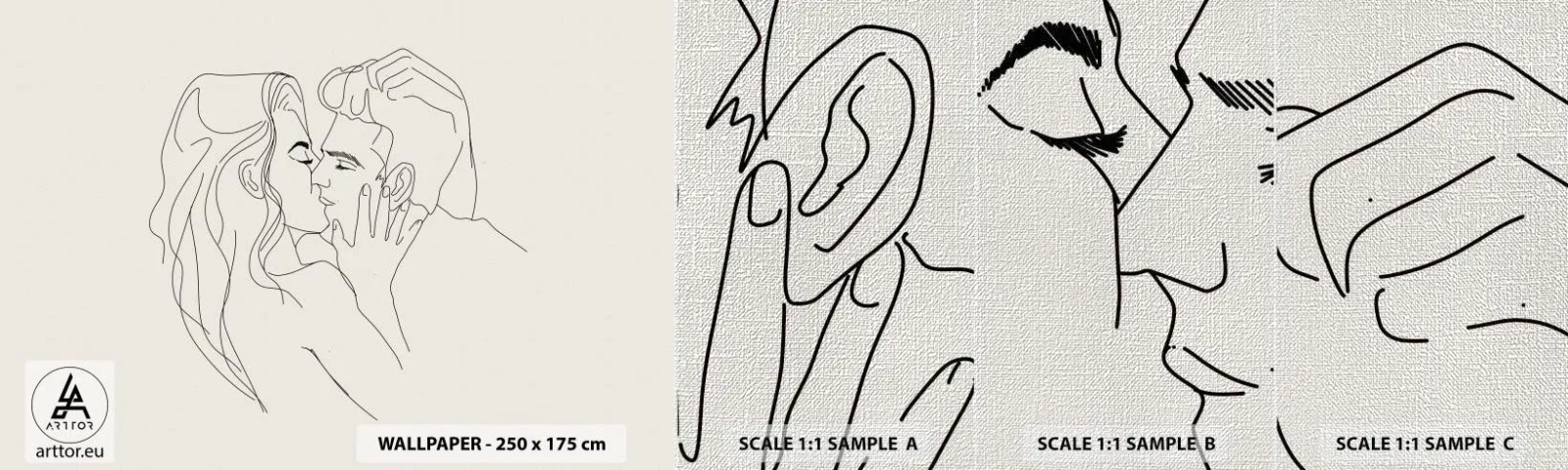 Prøve Fototapet Premium Canvas - Forviklet i følelser - Grafik, Forelsket par, Kys - 100x30 cm