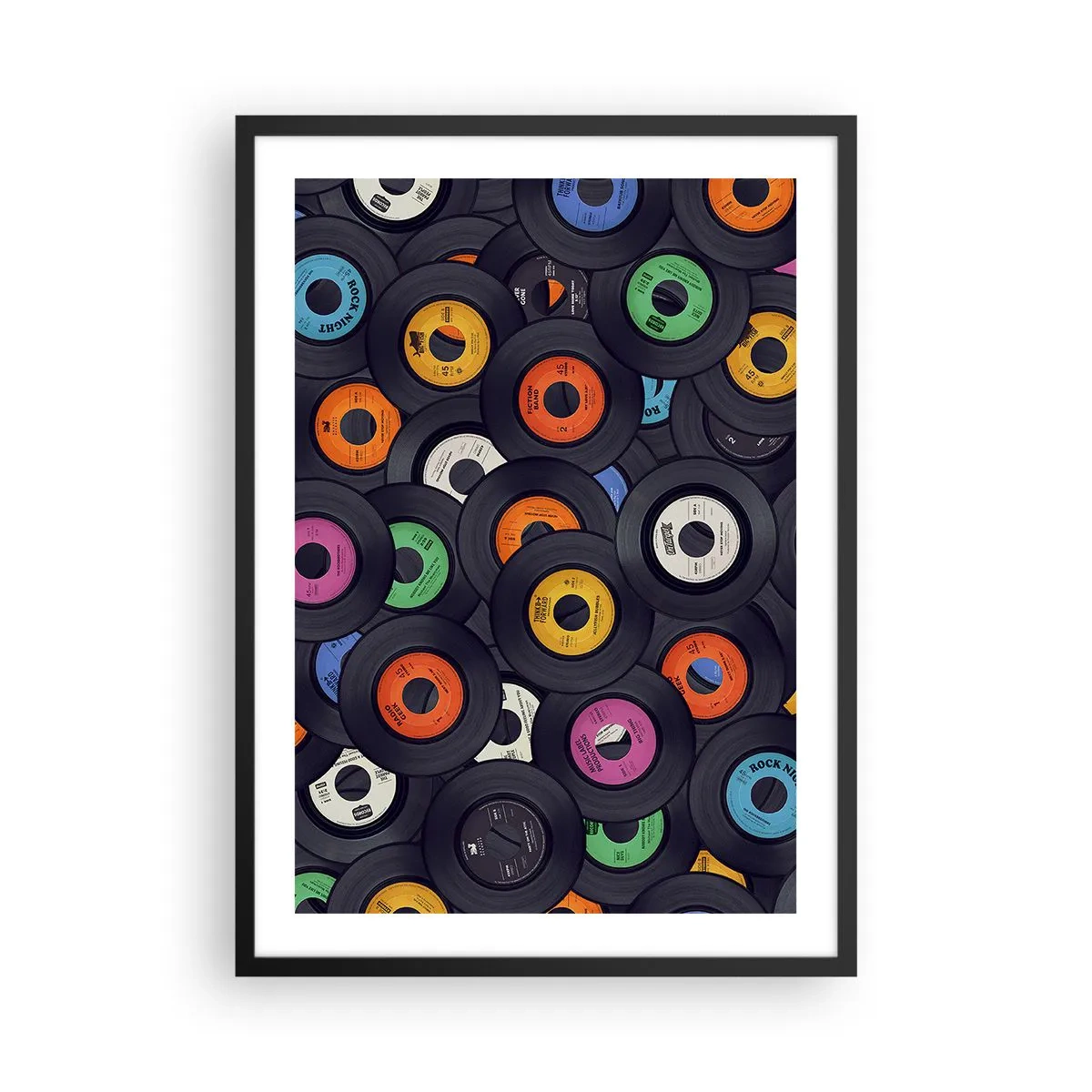 Plakat i sort ramme - En samling af farverige vinylplader - 50x70cm - Farver fra klassikerne - Moderne vægdekoration til stue og soveværelse ARTTOR