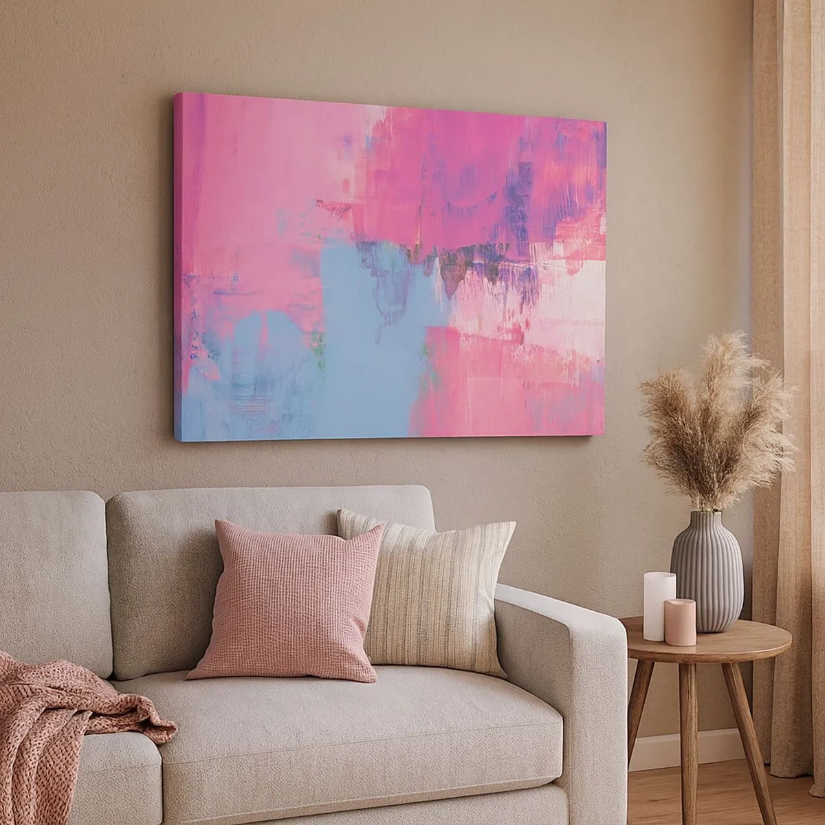 Lærredstryk - Billede på lærred - Abstrakt komposition i pink og blå - 70x50cm - Lyserød, blå og en knivspids lys - Moderne vægdekoration til stue og soveværelse ARTTOR