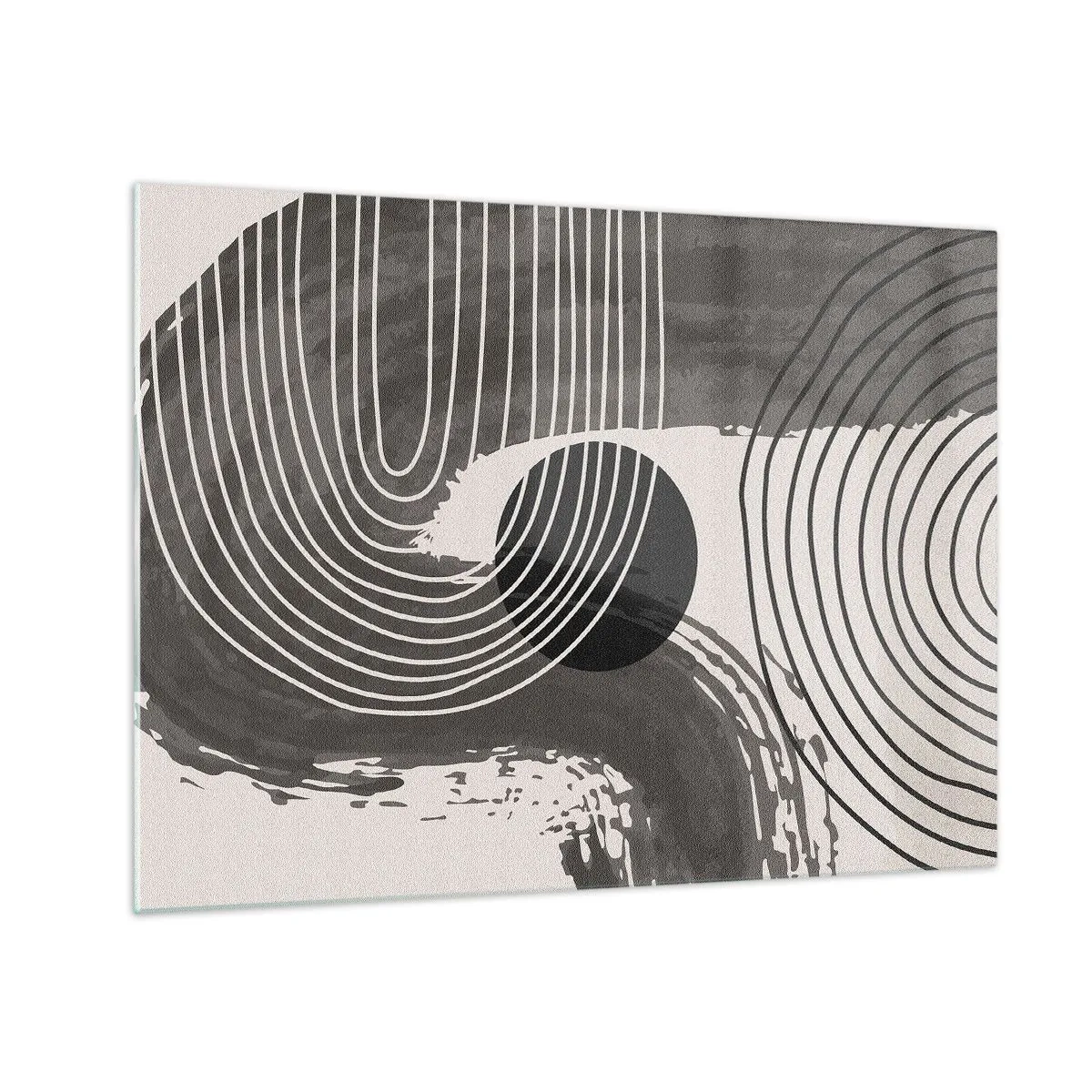 Billede på glas - Moderne abstraktion med sorte og hvide linjer og en oval - 70x50cm - Oval vinder - Moderne vægdekoration til stue og soveværelse ARTTOR