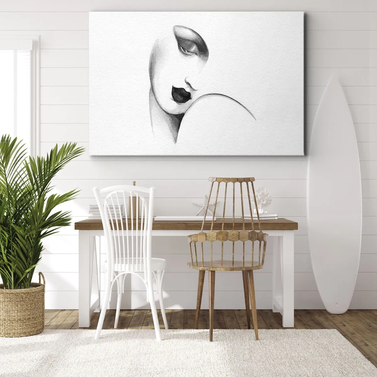 Lærredstryk - Billede på lærred - Et diskret portræt af en kvinde i monokrom stil - 70x50cm - I Lempickas stil - Moderne vægdekoration til stue og soveværelse ARTTOR