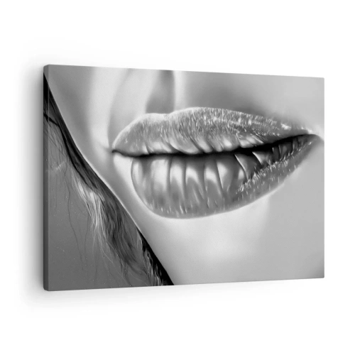 Lærredstryk - Billede på lærred - Sort-hvid nærbillede af en kvindes læber med en blank effekt og detaljer. - 70x50cm - Jeg ved, hvad du tænker... - Moderne vægdekoration til stue og soveværelse ARTTOR