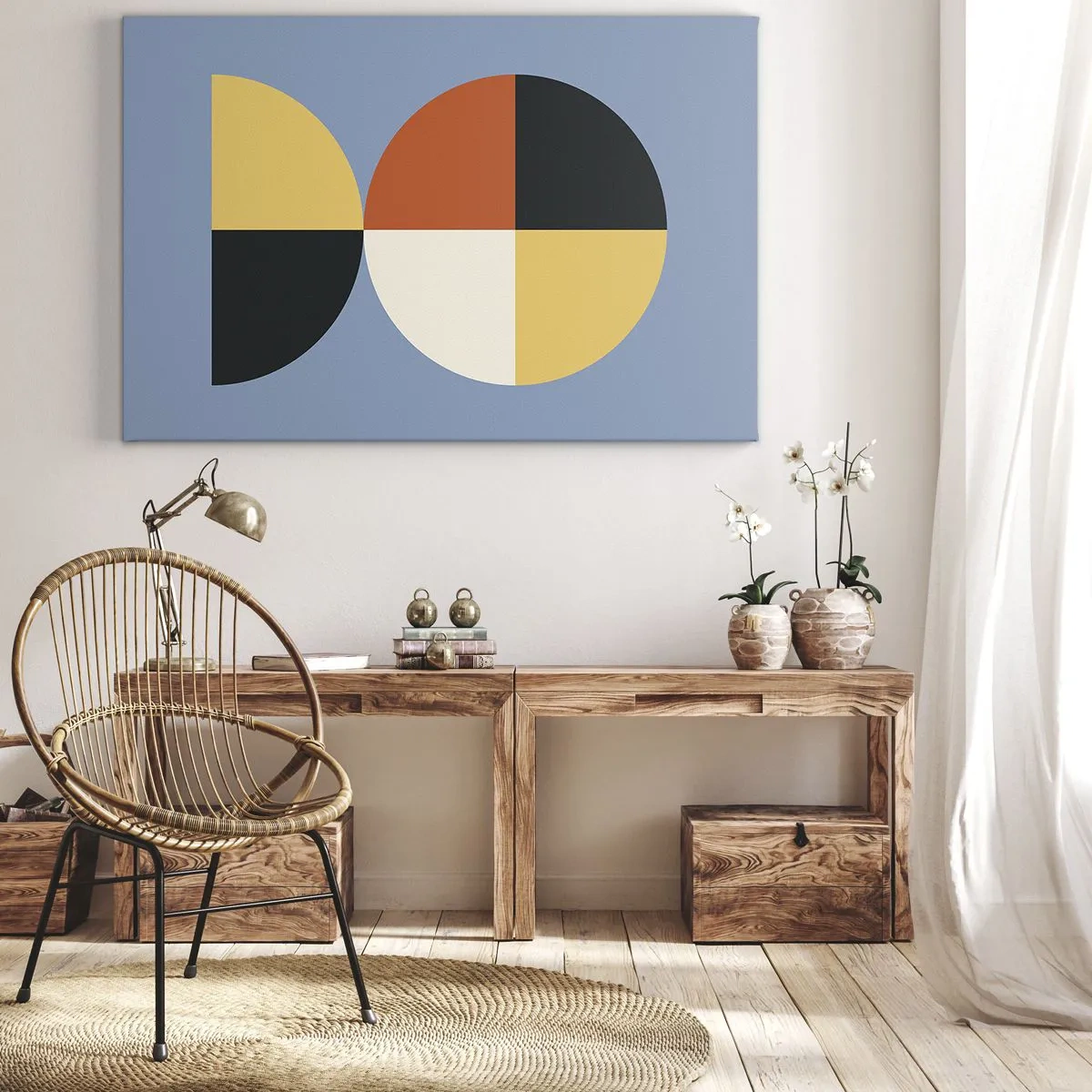 Lærredstryk - Billede på lærred - Geometriske cirkler på en blå baggrund - 70x50cm - Se og tæl - Moderne vægdekoration til stue og soveværelse ARTTOR